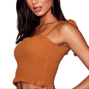 Brown Bow Tie Smocked Bandeau Crop Tank Top  -NEW